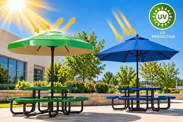 Commercial patio umbrella providing shade in bright sunlight